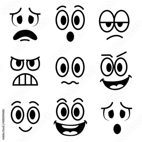 Collection of cartoon expressions showcasing a range of emotions including happiness, sadness, and anger in a grid format