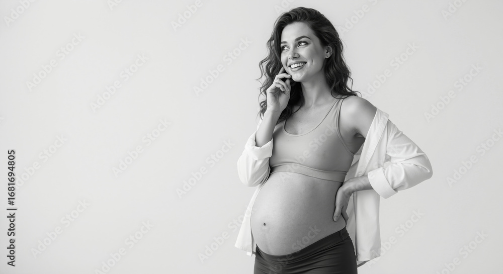 Naklejka premium Pregnant woman in beige bra with white cardigan monochrome studio portrait. Artistic maternity session for prenatal wellness and pregnancy documentation