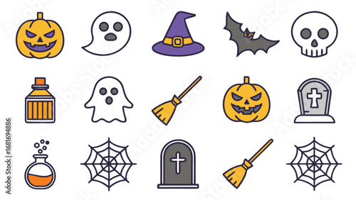 Colorful Halloween Icon Grid with Pumpkins Ghosts Skull Witch Hat Bats Spiderwebs and Potion Keywords: halloween, icons, grid, pumpkin, jack-o-lantern, ghost, skull, witch hat, bat, spiderweb