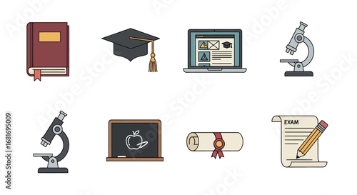 A collection of educational icons featuring books, graduation caps, laptops, microscopes, and diplomas, representing learning and academia
