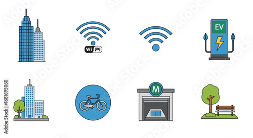 Set of modern urban icons representing city life and technology, including buildings, Wi-Fi, and electric vehicle charging