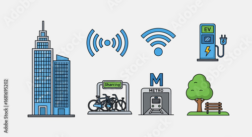 Modern city icons set with skyscraper, Wi-Fi, electric vehicle charging station, bicycle sharing, metro station, park bench and tree