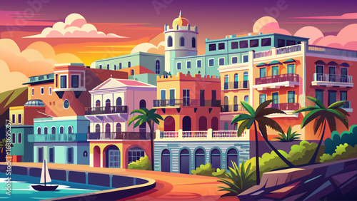 San Juan’s Old City, Puerto Rico, shines with pastel-colored buildings, arched balconies, and historic stone fortifications. Sunset reflections glow on walls; semi-realistic flat vector emphasizing Ca