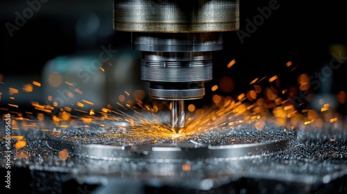 Precision Metal Cutting Process with Sparks Flying and CNC Machine