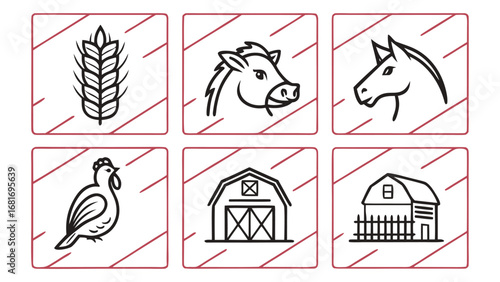 Farm Icons With Wheat Horse Cow Chicken Barns and Fence vector illustration