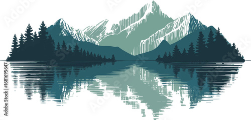 Abstract Engraved Vector Mountain Lake with Layered Peaks and Forest Silhouettes