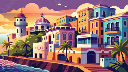 San Juan’s Old City, Puerto Rico, shines with pastel-colored buildings, arched balconies, and historic stone fortifications. Sunset reflections glow on walls; semi-realistic flat vector emphasizing Ca