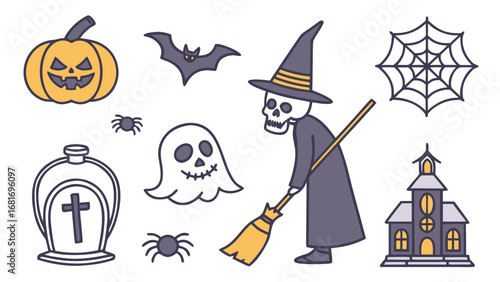 Halloween Icons Set with Colorful Pumpkin Ghost Skeleton Bats and Haunted House Keywords: halloween, icons, pumpkin, jack-o-lantern, ghost, skeleton, witch hat, bat, spiderweb, haunted house