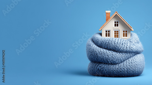 Cozy home wrapped in warm knitted scarf blue background real estate winter energy efficiency housing insulation