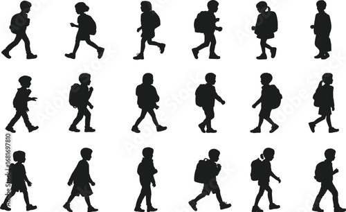 Child walking, silhouette, motion sequence, backpack, biomechanics, animation reference, walking cycle, side view, vector art, black and white, illustration, movement study, walking pose, child motion