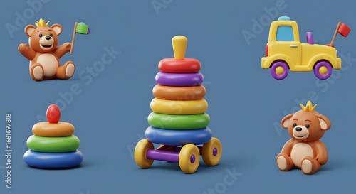 Colorful 3D Rendered Classic Childrens Toys Set.