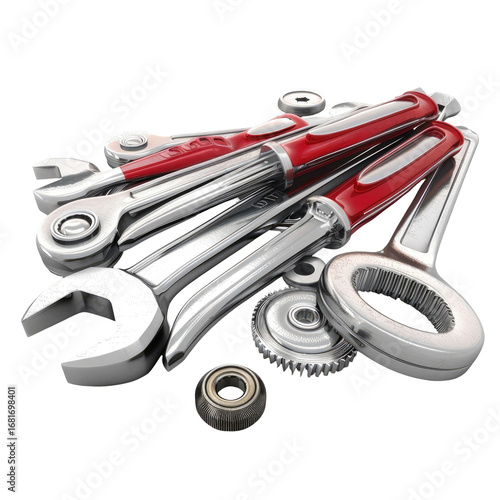 Assorted metal tools, wrenches, screwdrivers, and a bearing, in a pile