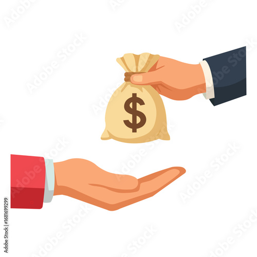Exchange of a money bag between two hands in a financial transaction setting