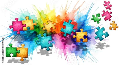 Colorful Watercolor Puzzle Pieces | Abstract Interlocking Design Symbolizing Connection and Diversity