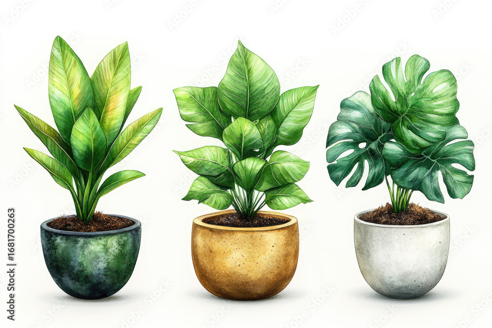 Obraz premium Decorative Botanical Banner with Popular Indoor Houseplants Displayed