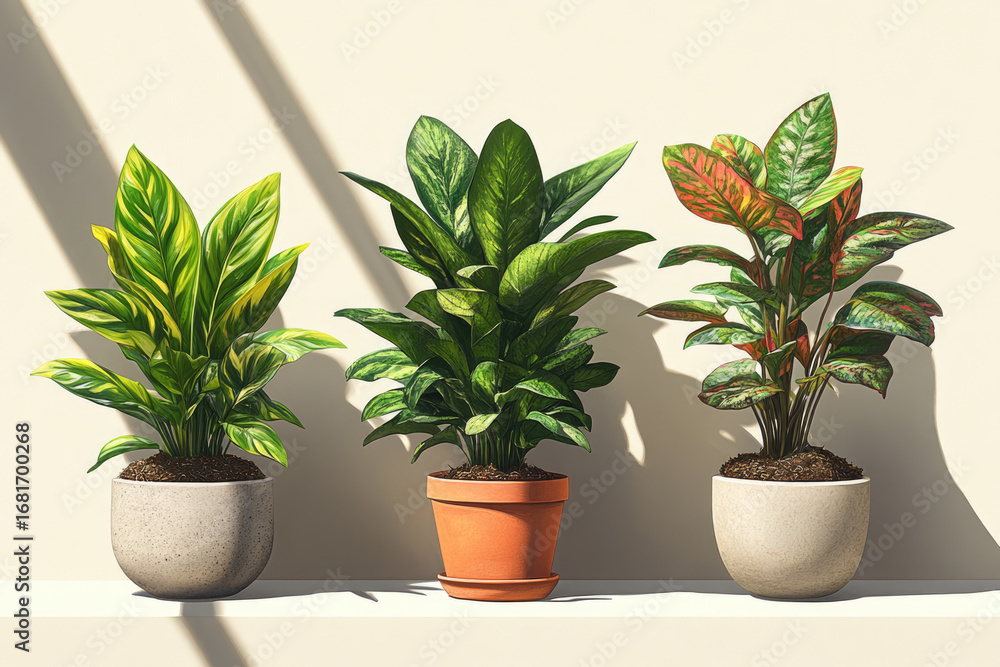 Fototapeta premium Illustration with Three Potted Plants on Clean White Background