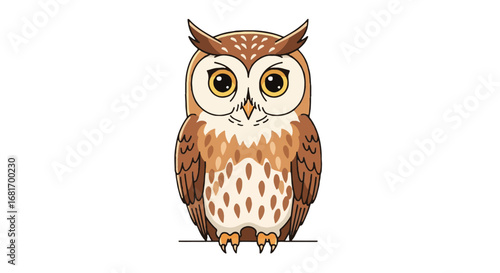 Wise cartoon owl illustration, a cute feathered bird vector with big eyes and brown plumage, perfect for World Animal Day assets.