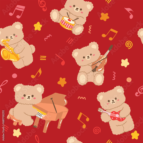 Cute Teddy Bear Band Pattern on Red 