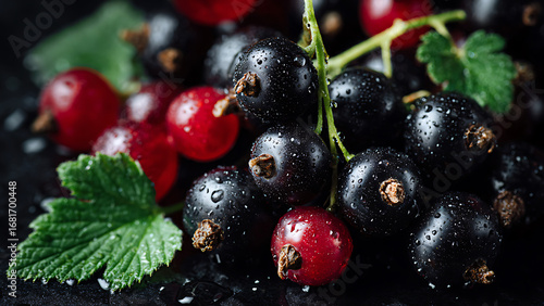 Vibrant Blackcurrants and Redcurrants with Sparkling Water Droplets, Freshly Harvested on Dark Background