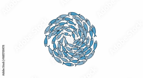 Vibrant illustration of a large school of blue fish swimming in a hypnotic circular pattern, representing marine life and ocean unity.