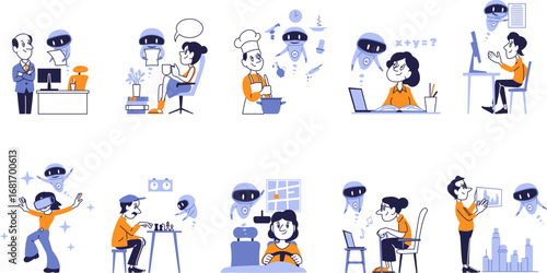 Artificial Intelligence Assistant Vector Set. People Using AI in Work, Education, Cooking, Driving, Gaming and Daily Life.
