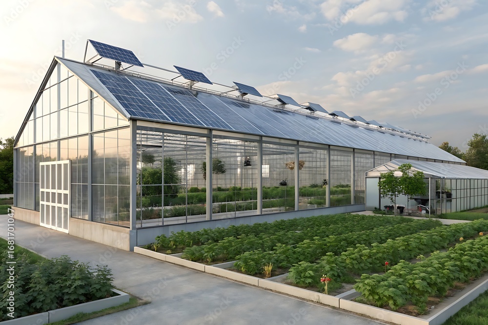 Fototapeta premium Modern greenhouse with solar panels on the roof, cultivating fresh produce and demonstrating sustainable agriculture and renewable energy in a farming setting