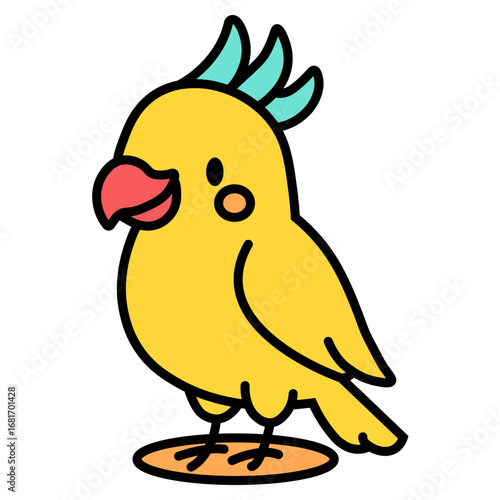Colorful cartoon budgerigar with a bright yellow body and turquoise crest standing on an orange base