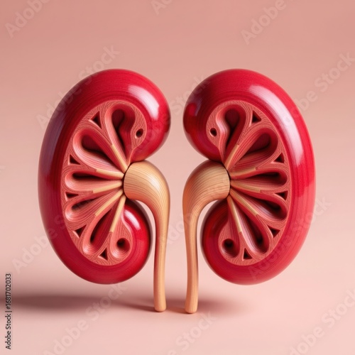Detailed cross section of two healthy human kidneys showing internal structure and ureters against a soft pink background