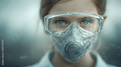 Child wearing protective mask against environmental pollution