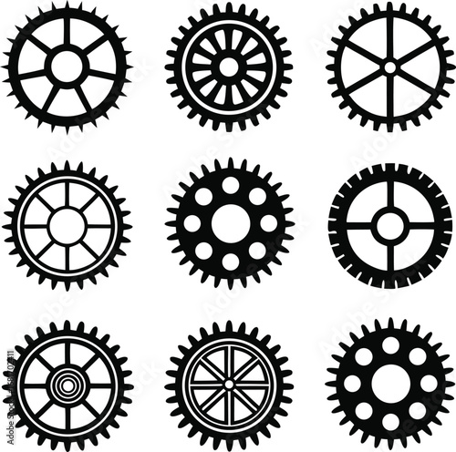 gear, wheel, cogwheel, collection, for, engineering, and, mechanical, design, industrial, part, simple, solid, black, icon, set, vector
