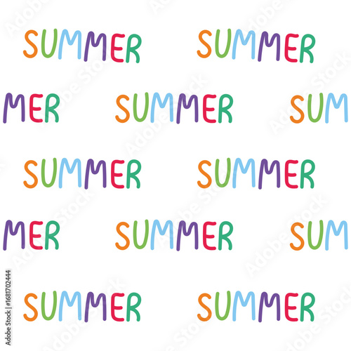 Colorful summer themed pattern with playful typography showcasing the word summer in various colors