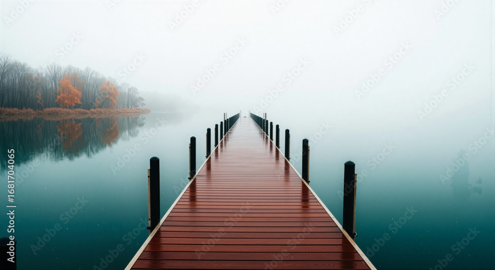Fototapeta premium Misty morning over tranquil lake with wooden pier