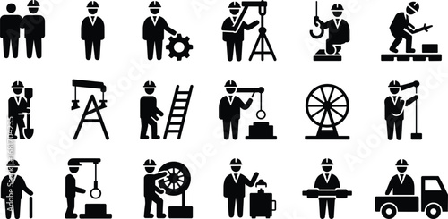 Engineering Worker Silhouettes, Construction Icons, Hard Hat Professionals, Industrial Activities, Vector Set, Black Graphic, Isolated, Technical Jobs, Site Operations