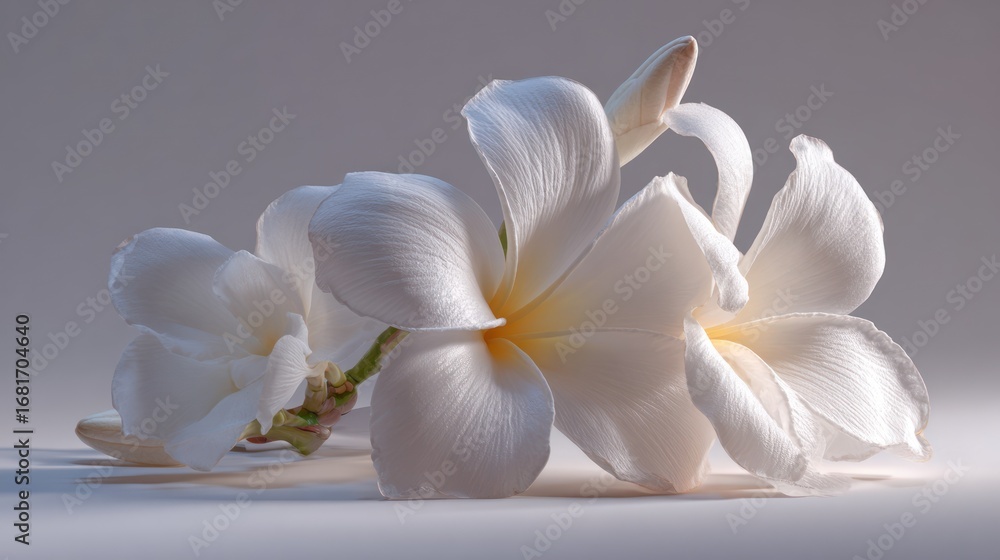 Fototapeta premium White frangipani blossoms with gentle light and soft shadows on neutral surface