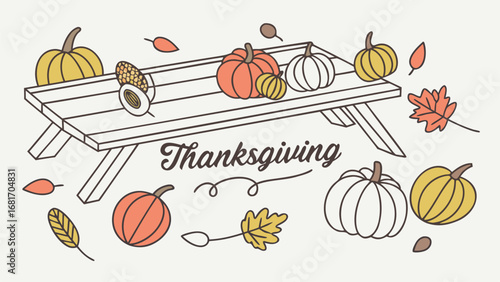 Vector art of thanksgiving illustration featuring pumpkins and autumn leaves scattered around a picnic table, celebrating the fall harvest season