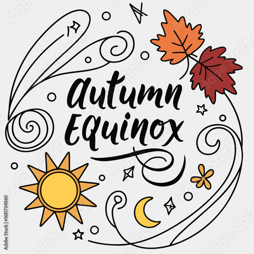 Vector art of autumn equinox decorative lettering with sun, moon, stars, and leaves