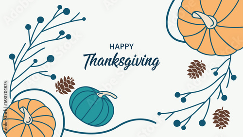 Vector art of happy thanksgiving text with pumpkins and pinecones on a