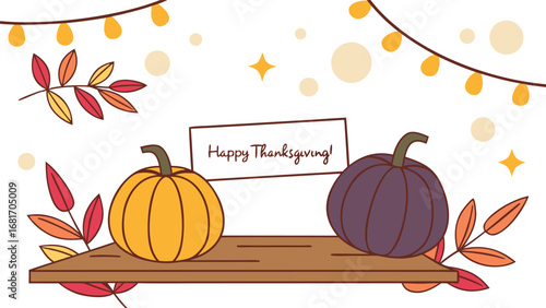Vector art of happy thanksgiving illustration with pumpkins and autumn leaves on a wooden shelf, decorated with string lights
