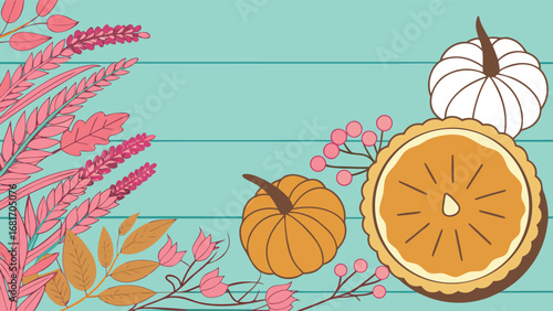 Vector art of autumnal harvest decoration with pumpkins, pie, and fall foliage on a teal wooden background