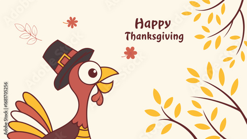 Vector art of cute cartoon turkey wearing a pilgrim hat wishing a happy thanksgiving with autumn leaves and a light background