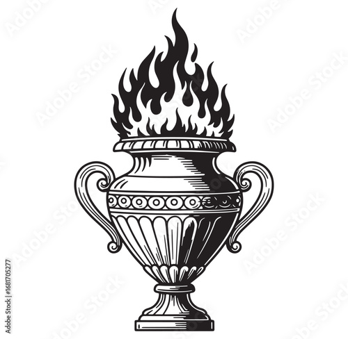 Elegant black and white vector illustration of an ancient urn with stylized flames rising upward