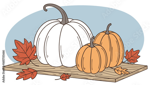 Vector art of three pumpkins, one white and two orange, with autumn leaves on a wooden surface