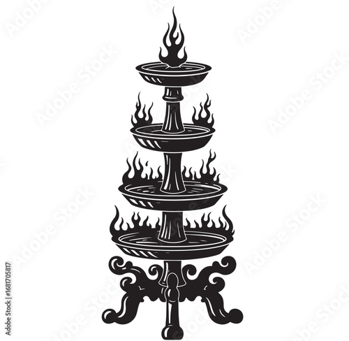 Elegant indian traditional oil lamp silhouette decorative art black and white illustration