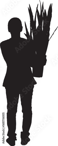 vector, silhouette of back view of a standing woman holding a plant