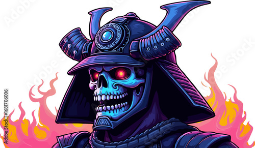 Cyberpunk samurai warrior skull with glowing red eyes. Bust-up portrait with futuristic armor and flames.