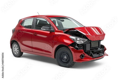 Front right corner view of a red crashed compact car wreck - dented bonnet, smashed engine, isolated on white or transparent
