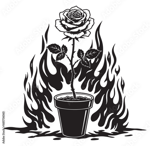 Elegant rose growing in a pot surrounded by flames black and white vector illustration