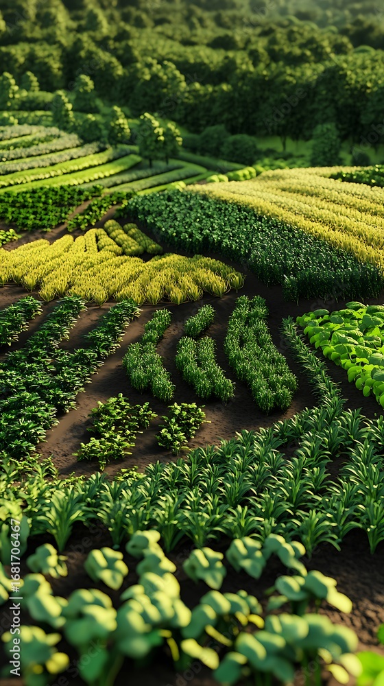 Fototapeta premium Aerial view of lush green agricultural fields with rows of crops agriculture photo background