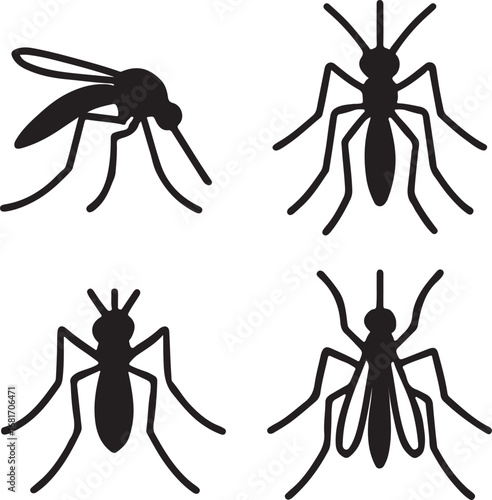mosquito silhouette icons set side, front, back, and top views vector art illustration