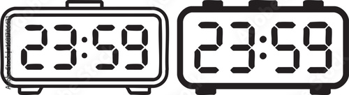 Collection Of Black And White Vector Icons Featuring Digital Alarm Clock Displaying Time Twenty Three Fifty Nine Midnight Hour
